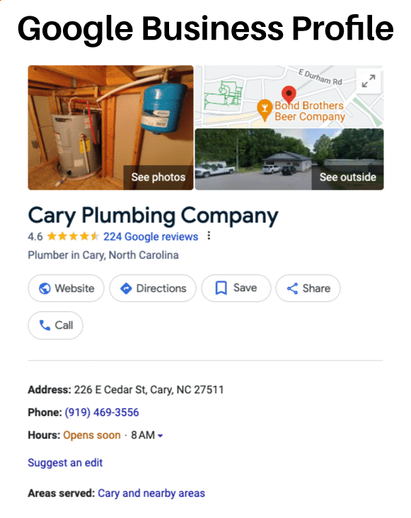 Local SEO 101: How to Grow Your Service Area Business image Cary Plumber GBP in Cary NC - Screenshot from Google