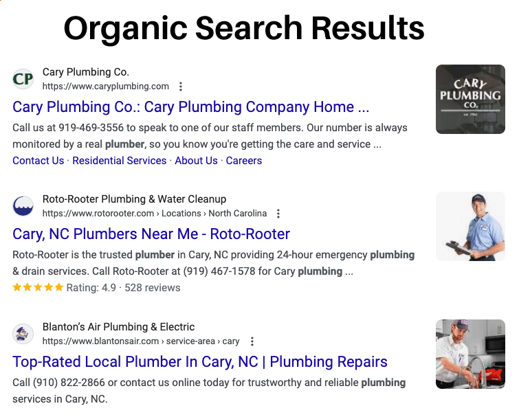 Local SEO 101: How to Grow Your Service Area Business image Plumber in Cary NC Organic Search Results - Screenshot from Google