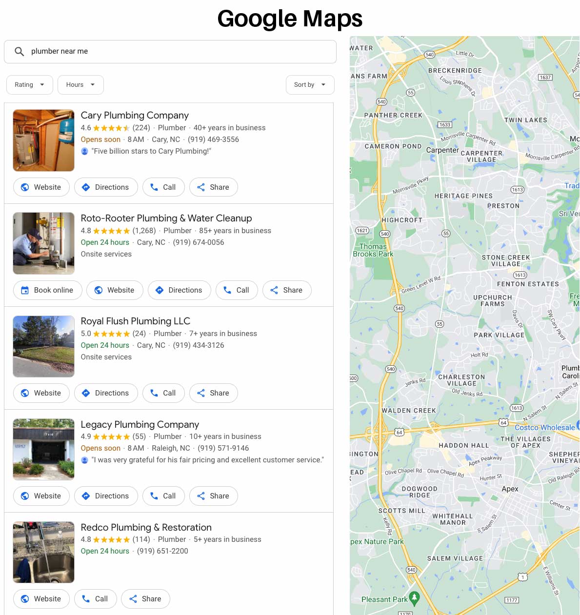 Local SEO 101: How to Grow Your Service Area Business image Google Maps for Plumber Near Me in Cary NC - Screenshot from Google