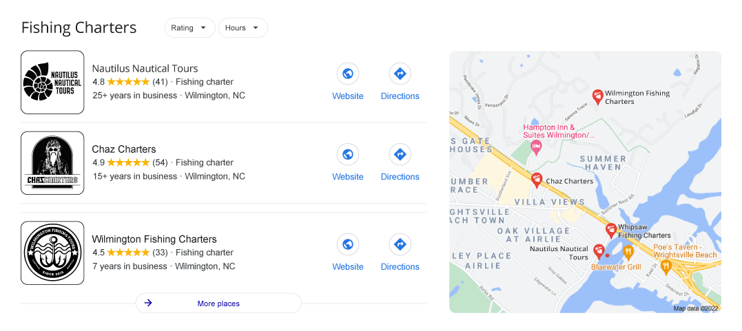 Local SEO and SEM Best Practices for Small Businesses image Google Page Fishing Charters 3-Pack Example