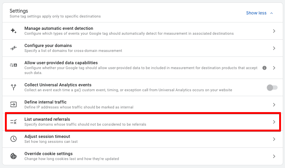 List unwanted referrals setting in Google Analytics 4