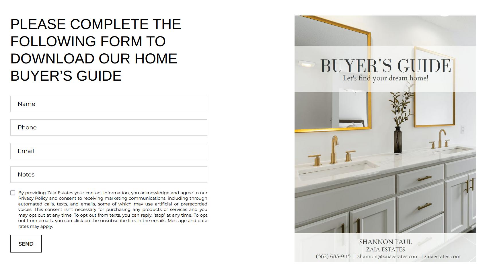 A split screen showing a form to download a home buyer&rsquo;s guide on the left and a modern bathroom image with "Buyer&rsquo;s Guide" title on the right.
