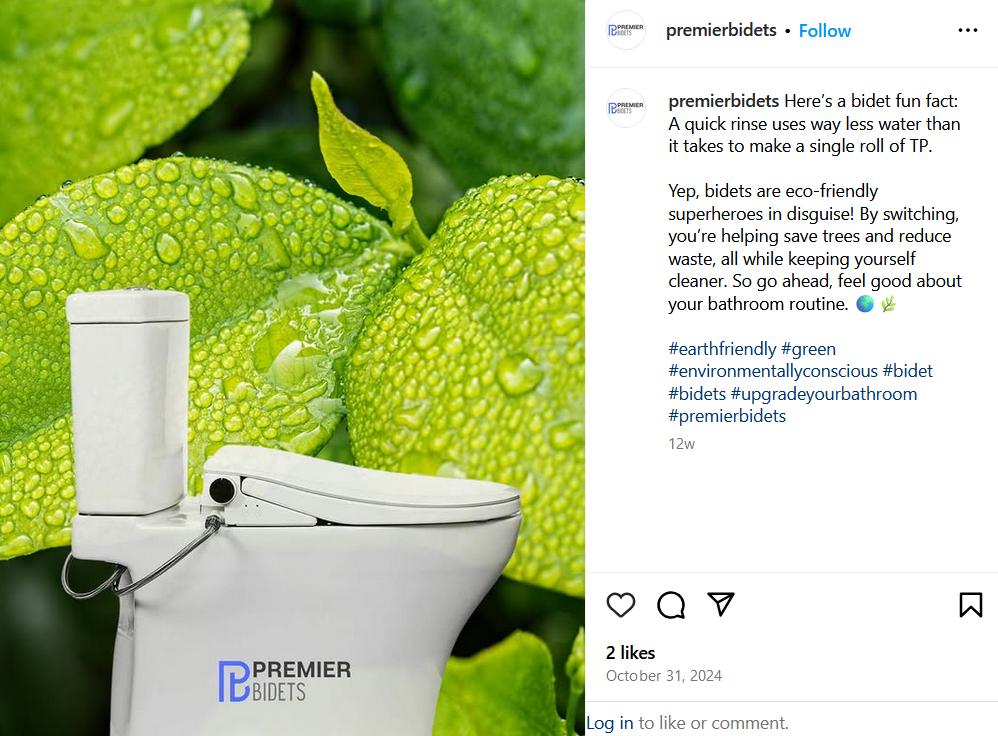 Promotional image of a white bidet in front of vibrant green leaves with text highlighting its environmental benefits.