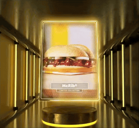 A glowing, animated display case showcases a McRib sandwich with the text "Limited Collection" underneath.