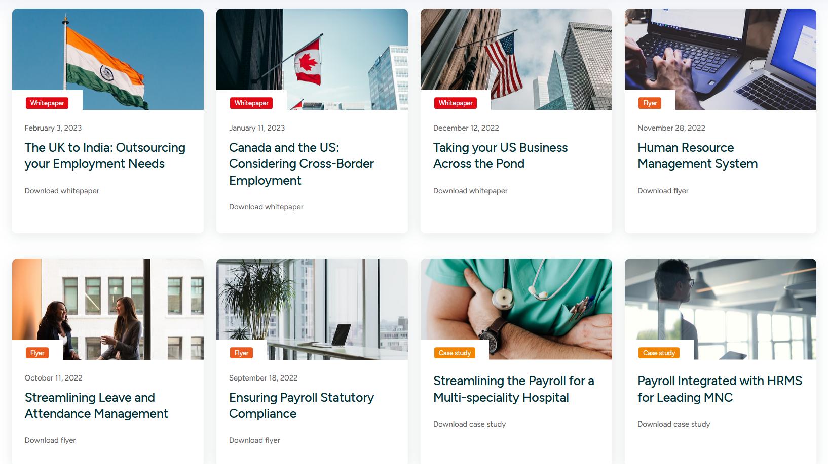 A grid of downloadable business documents including whitepapers, flyers, and case studies related to HR, payroll, and global employment solutions.
