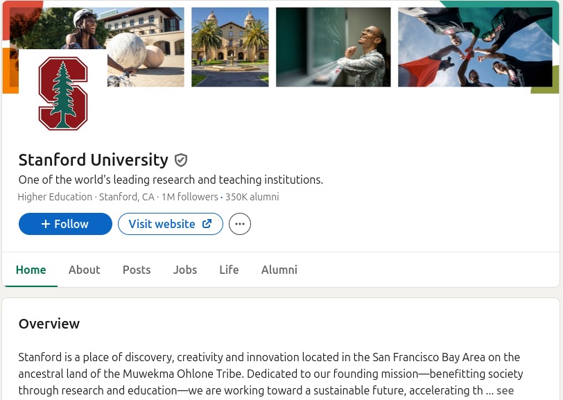 Screenshot of Stanford&rsquo;s LinkedIn page
