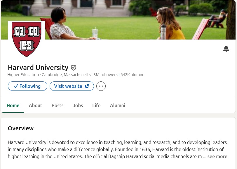 Screenshot of Harvard&rsquo;s LinkedIn page