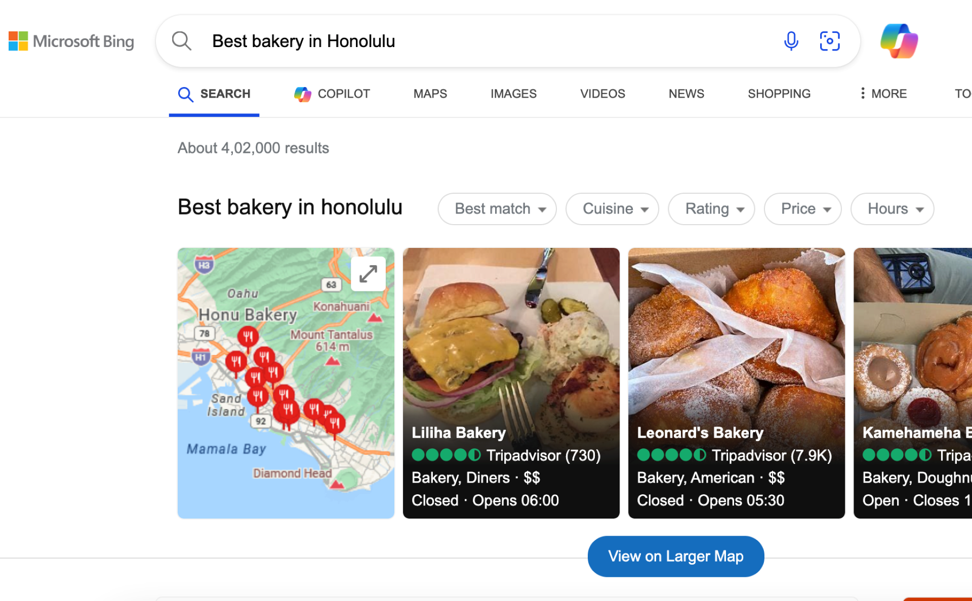 Image showing search results for best bakery in Honolulu on bing
