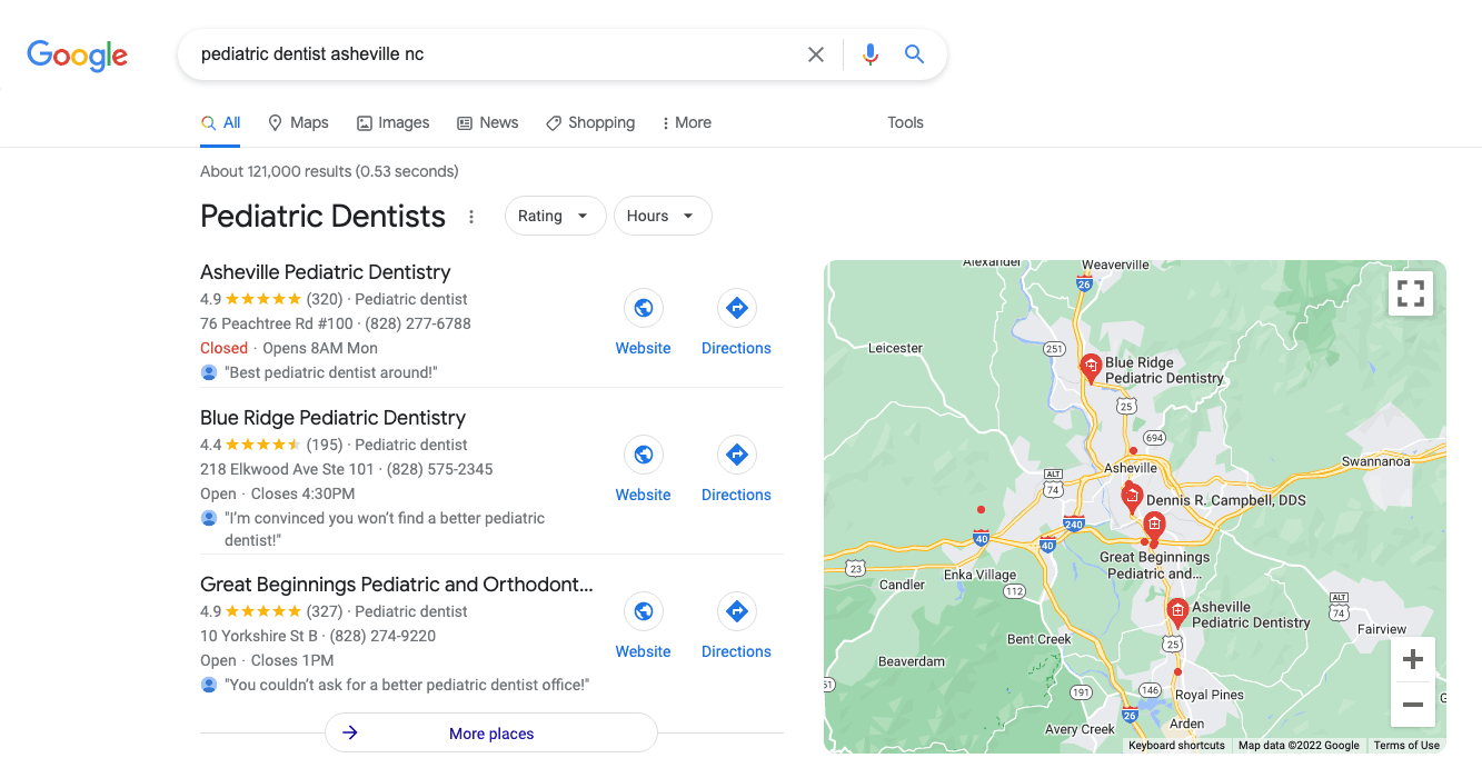Google search for "Pediatric Dentist Asheville" map pack view