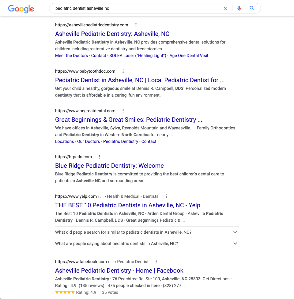 Google search for "Pediatric Dentist Asheville"