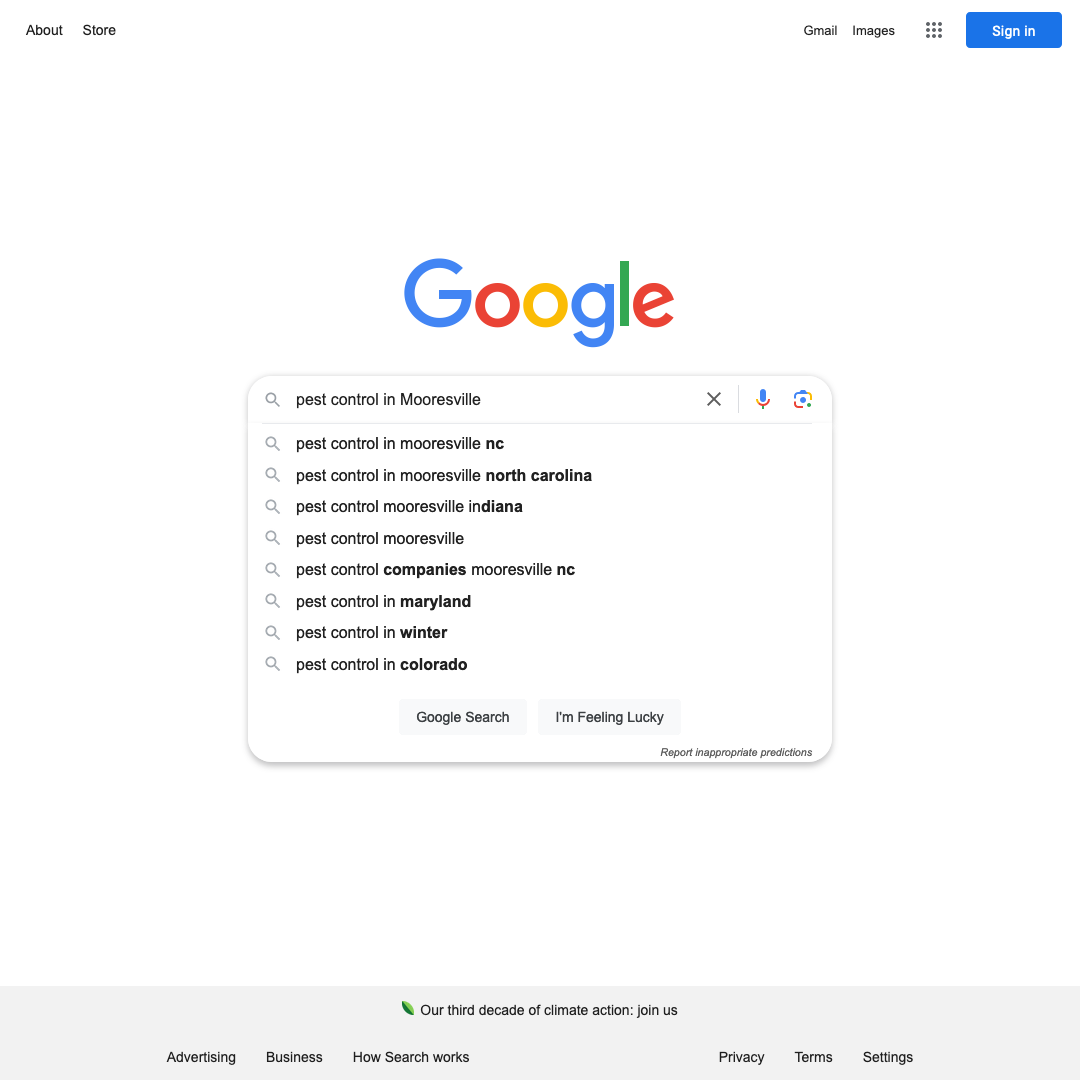 Google&rsquo;s autofill feature indicates how people use &ldquo;pest control in Mooresville&rdquo; as a keyword.