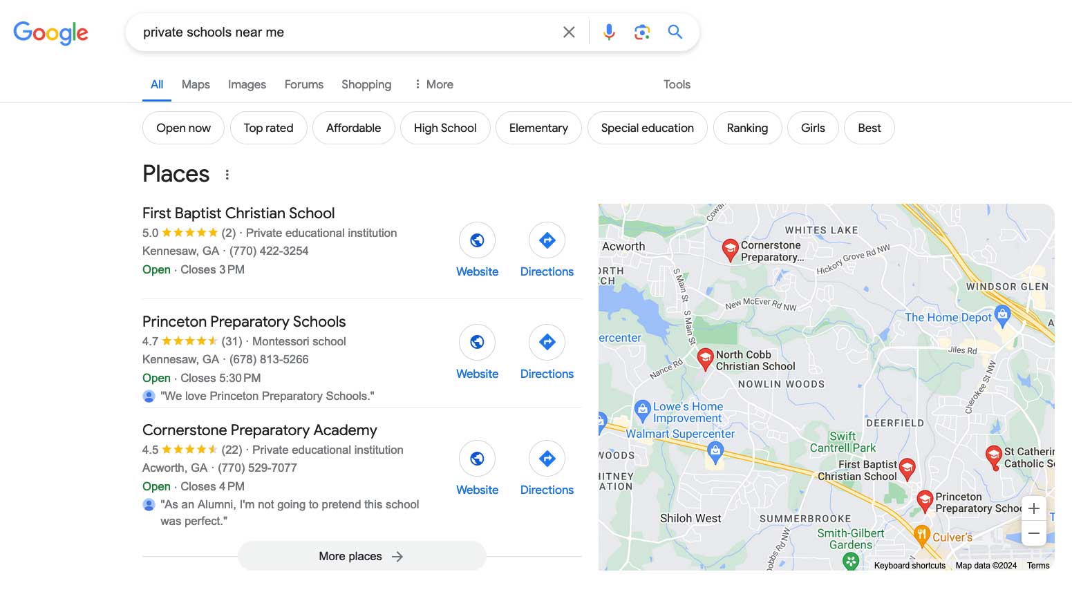 Private Schools Near Me Google Search Example: Searching for &ldquo;private schools near me&rdquo; yields a map and a local pack before the organic search results