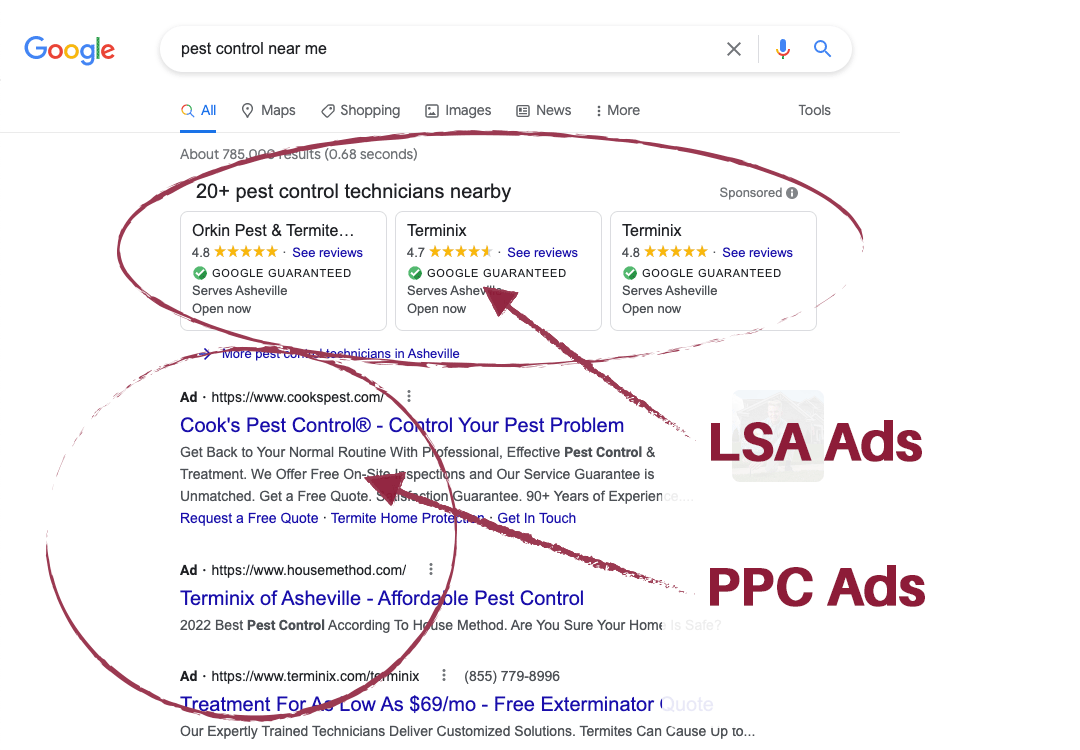 Example of Google Local Service Ads and a Google PPC Ads