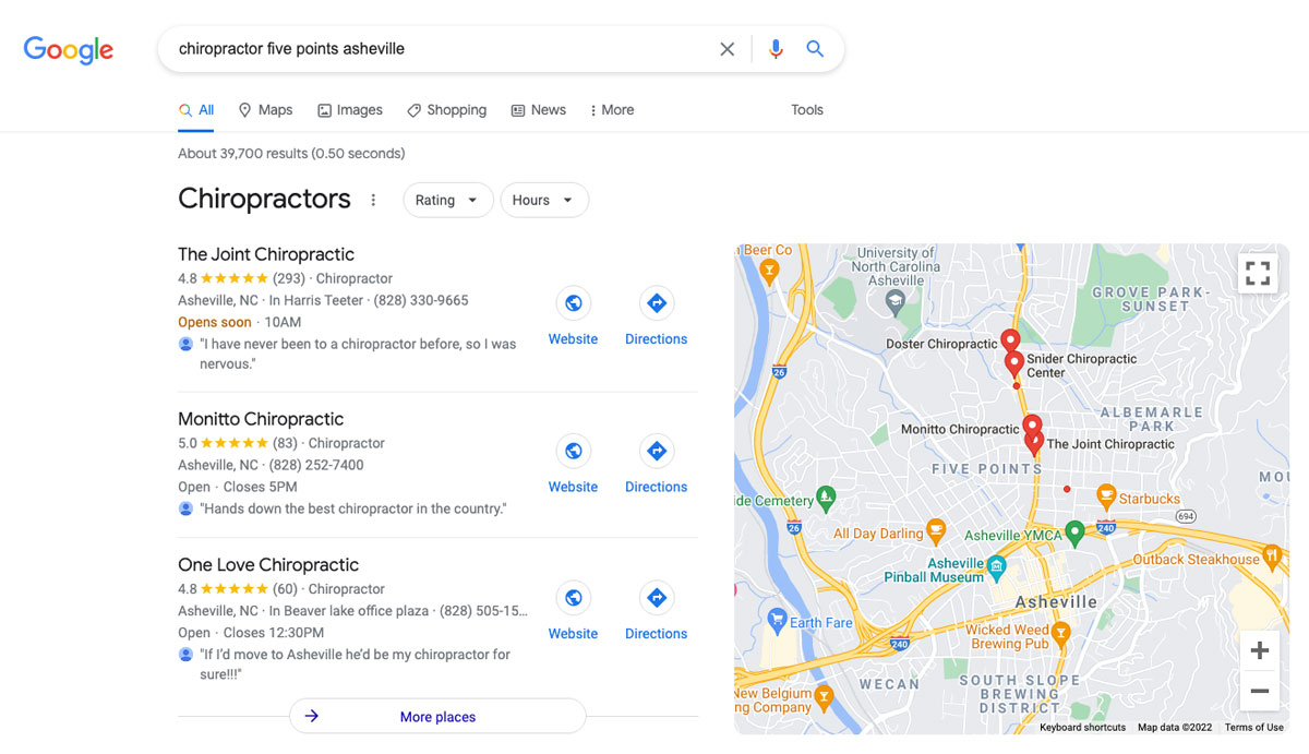 Chiropractor in Five Points Asheville NC - Google SERPs